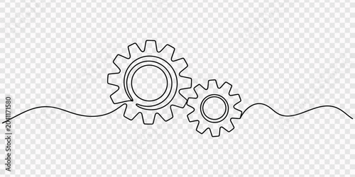 gears continuous one line drawing, interconnected gear  continuous one line drawing, One continuous line drawing gear of business teamwork concept vector illustration, Simple continuous one line draw