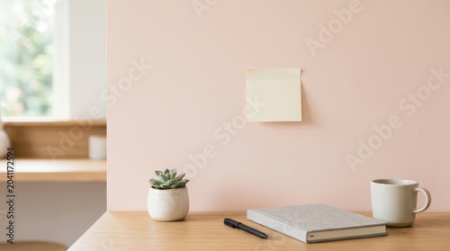 Softly lit minimalist desk with notebook, pen, succulent, and mug, ready for creative thought.