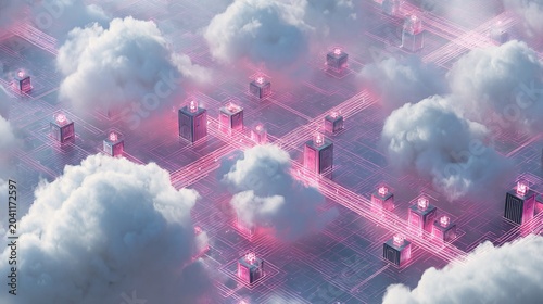 Futuristic digital landscape with abstract cloud formations and glowing data connections.