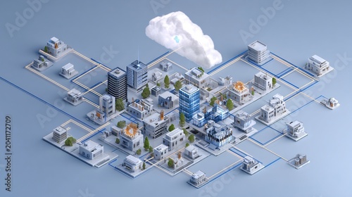 Stylized 3D cityscape with modern buildings and cloud technology representation in a vibrant, digital art style.
