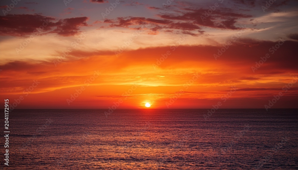 Obraz premium Dramatic Red Orange And Yellow Sunset Over The Ocean Evokes Peace And Tranquility For A Summer Vacation