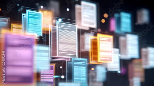 Abstract representation of floating digital documents in various colors, symbolizing modern technology and information flow.