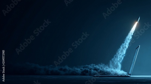 A rocket launching from an open laptop symbolizes innovative technology and limitless possibilities.