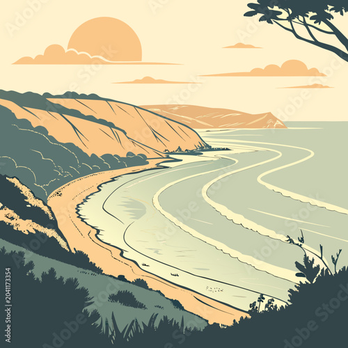 Quadro su tela Panoramic coastal bay illustration with rolling hills and sandy beach landscape