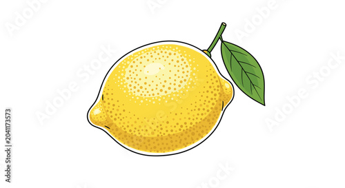 Detailed illustration of a fresh whole yellow lemon with a single green leaf attached to its stem isolated on a clean white background.