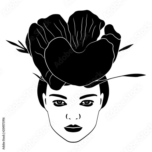 Pretty female face with rosebud hat. Woman as a flower. Goddess Flora. Black and white silhouette.