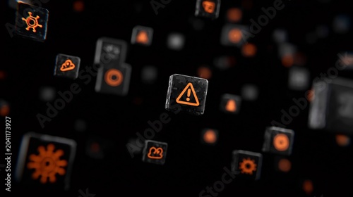 Abstract digital icons with orange warning signs floating in a dark environment, creating a sense of urgency and caution.