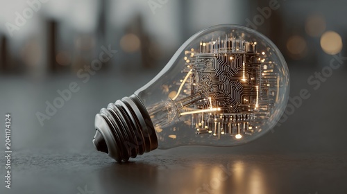 A close-up of a light bulb with a glowing circuit board design, symbolizing innovation and modern technology.