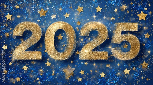 A glittering display of the year 2025 surrounded by sparkling stars, creating a festive and celebratory atmosphere.