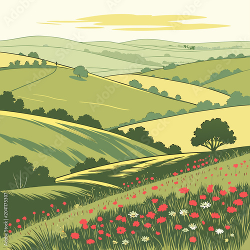 Foto Green rolling hills landscape illustration with landscape countryside blooming i