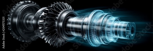 Industrial turbine shaft digital twin representation showing transition from physical metallic gear component to glowing blue holographic wireframe model on black