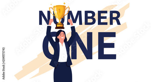 Successful businesswoman in a suit holding a gold trophy above her head with the words number one written in the background.