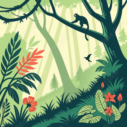 Canvas Print Lush tropical rainforest scene with monkey and bird rainforest tropical wildlife