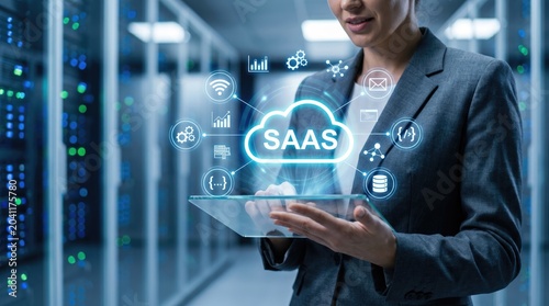 Businesswoman using tablet with saas cloud computing interface in server room illustrating software as a service technology