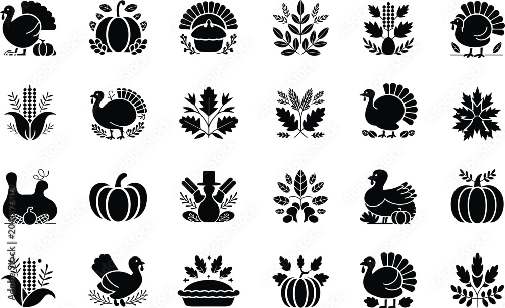 Obraz premium Thanksgiving holiday silhouette icons set featuring turkeys pumpkins corn and leaves for celebration