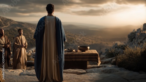 Before receiving wisdom from God, Solomon stands before the great bronze altar at Gibeon, approaching the Lord with reverence, sacrifice, and a heart willing to listen.

