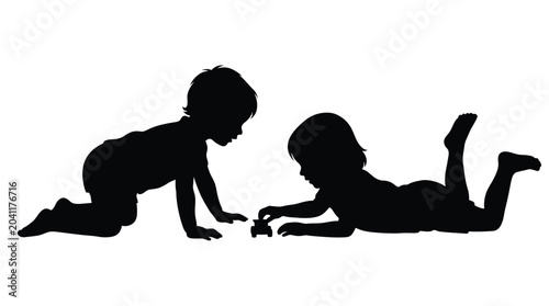 Black vector illustration of two small children playing together with a tiny toy car model
