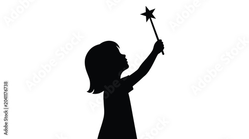 Minimalist black vector illustration of a young child holding a star shaped magic wand icon