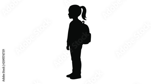 Black vector silhouette illustration of a young school girl wearing a backpack standing in profile