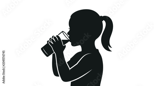Silhouette vector illustration of a young girl drinking water from a clear glass cup design