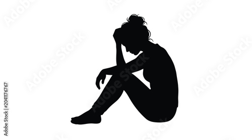 A black silhouette vector illustration of a sad woman sitting alone feeling depressed and lonely