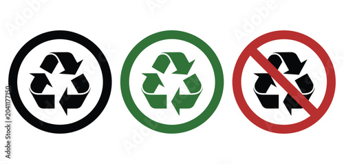 Photos Recycle and Recycling Not Allow Sign Pack, Recycle Icon, No Recycle Icon, Plastic, Paper, Glass Sign Symbols for Waste Sorting, Sustainability Education and Vector Illustration