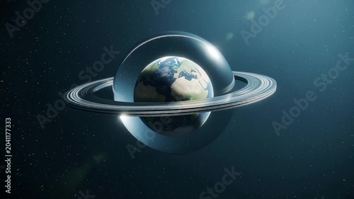 futuristic saturn planet 3d render in deep space with glowing rings for sci-fi concept