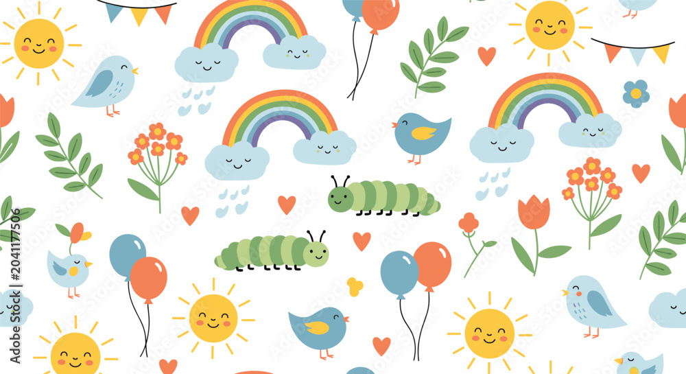 Fototapeta premium Colorful whimsical pattern featuring smiling suns rainbows birds clouds caterpillars balloons and flowers on a white background.