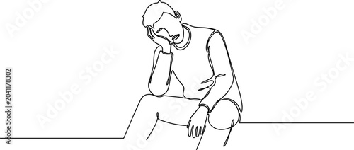 Tableau sur toile One line drawing of a man sitting with head in hand, looking tired and thoughtfu