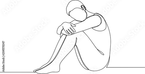 Billede på lærred Minimalist single line drawing of a person curled up, conveying solitude and introspection
