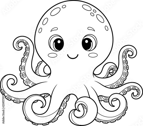 Photos Cute cartoon octopus, outline illustration for coloring, ocean animal character