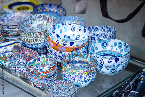 Colorful decorative bowls with traditional patterns
