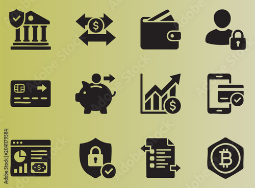 Modern flat design financial and security icons set featuring banking payments and investments concepts