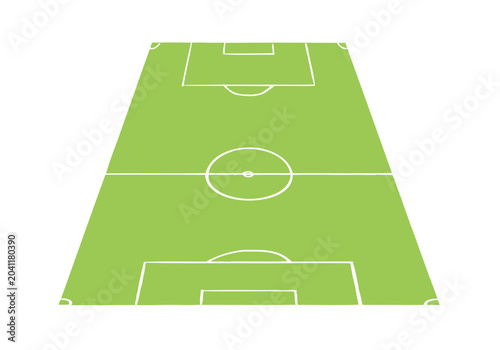 Soccer field perspective, green grass pitch court white line. Sport football ground isometric view, game play area graphic.