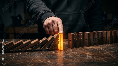 Crisis intervention concept: hand stopping domino effect, symbolizing risk management, strategic problem-solving, and business continuity for corporate presentations.