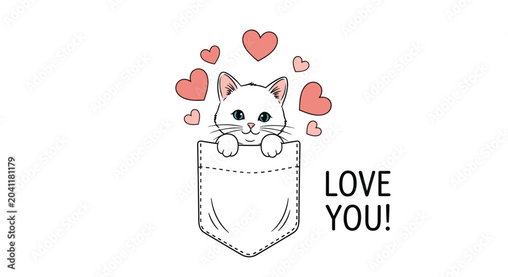 Obraz premium Cute white kitten peeking out from a white shirt pocket surrounded by pink hearts and the text love you on a white background for cards.