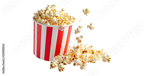 Obraz na płótnie Popcorn flying out of red white striped paper box isolated on white, transparent background, PNG, with copy space