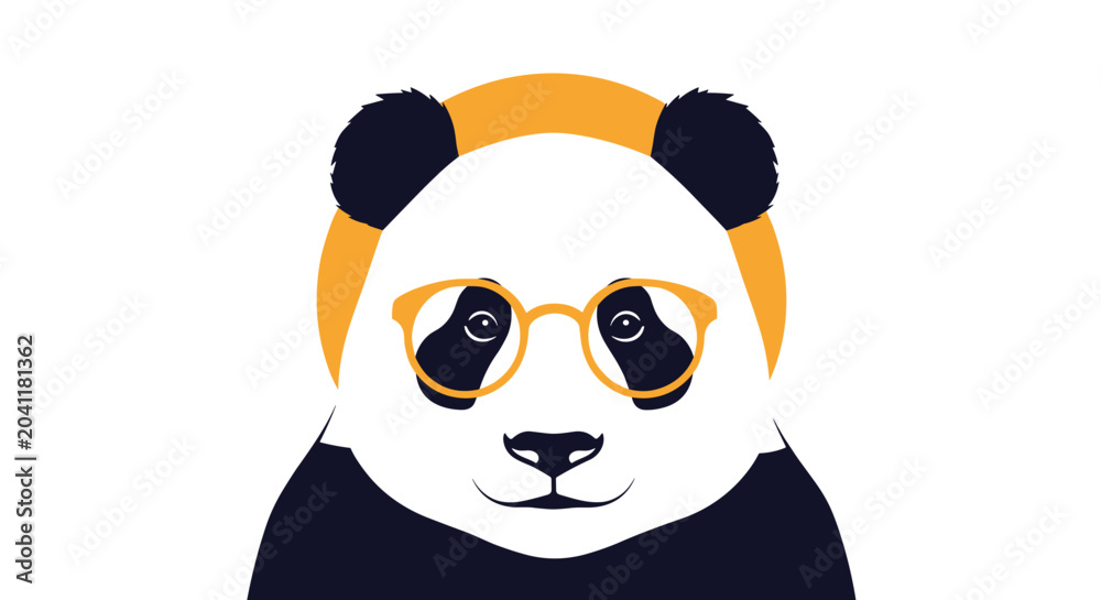 Fototapeta premium Stylized portrait of a panda wearing orange glasses and a matching orange headband on its head for a modern look.