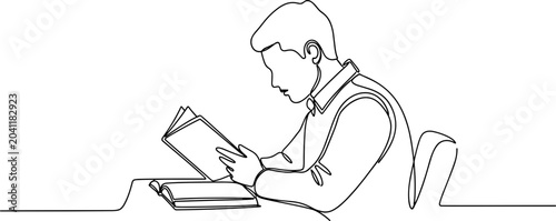 Cuadro en lienzo Continuous line drawing of a young person engrossed in reading a book
