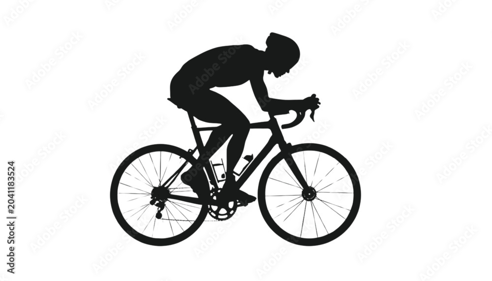 Fototapeta premium Cyclist silhouette performs a standard riding position on a modern bicycle against a white background.