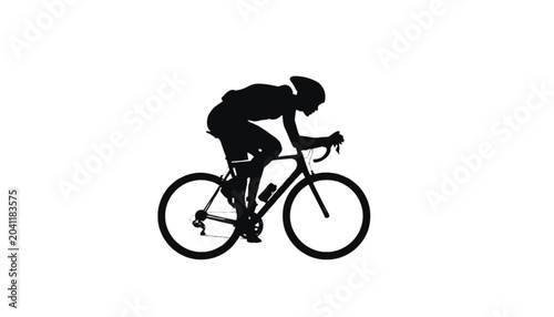 Cyclist speeds along a track in a crouched racing position portrayed as a clean black graphic silhouette.
