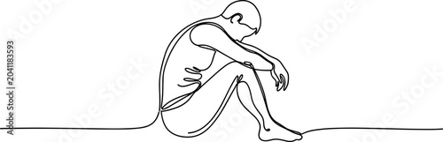 Foto Minimalist line art of a person sitting, head down, conveying sadness, loneliness, or contemplation