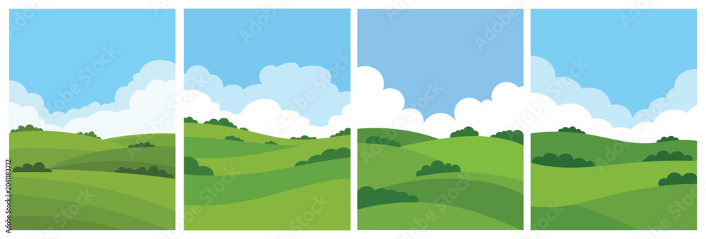 Fototapeta premium Green Hills Landscape Vector Quadriptych Poster Set with Blue Sky and Clouds