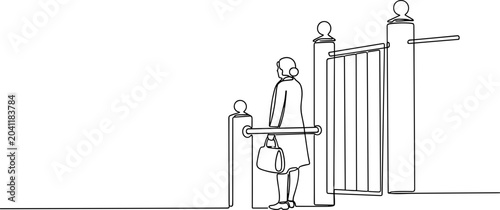 Photos Woman approaching open garden gate with handbag, line drawing.