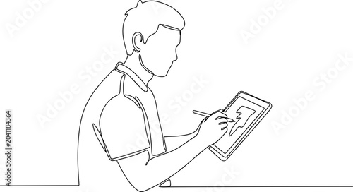 Artist drawing on tablet, single line art illustration, modern creativity concept