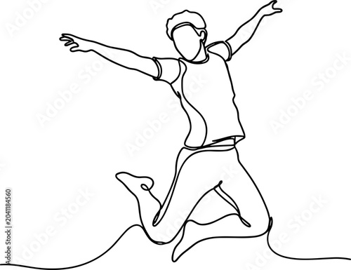 Joyful person jumping in continuous line drawing style, celebrating success and freedom.