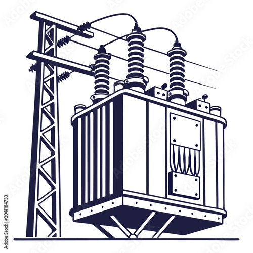 Electrical Power Transformer on Pole with Insulators and Wires Industrial Energy Distribution Clean Line Art Style