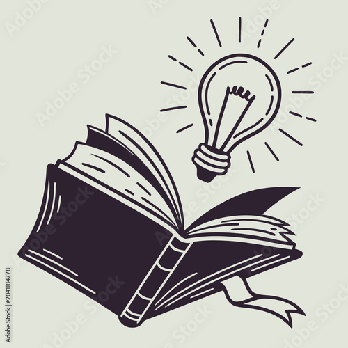 Open Book with Lightbulb Idea Bursting Out Symbolizing Knowledge and Innovation Doodle Art Style