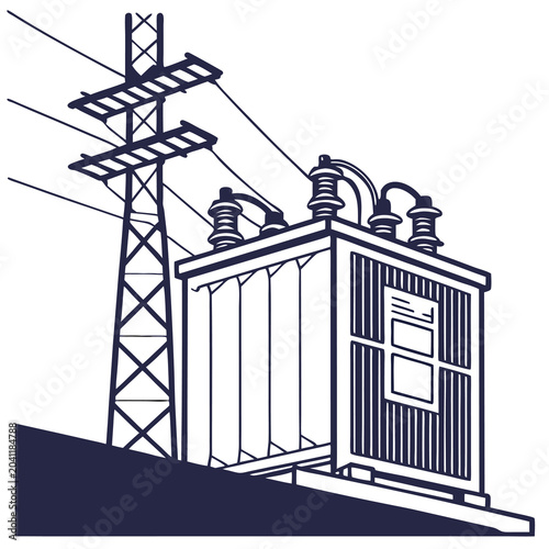 Electrical Transformer Unit on Pole Mount with Power Lines Industrial Equipment Clean Line Art Style