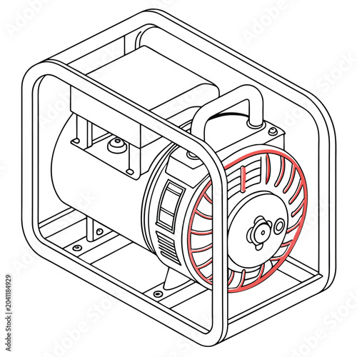 Portable Generator Unit with Detailed Fan Housing and Frame Isometric Line Drawing Clean Energy Source